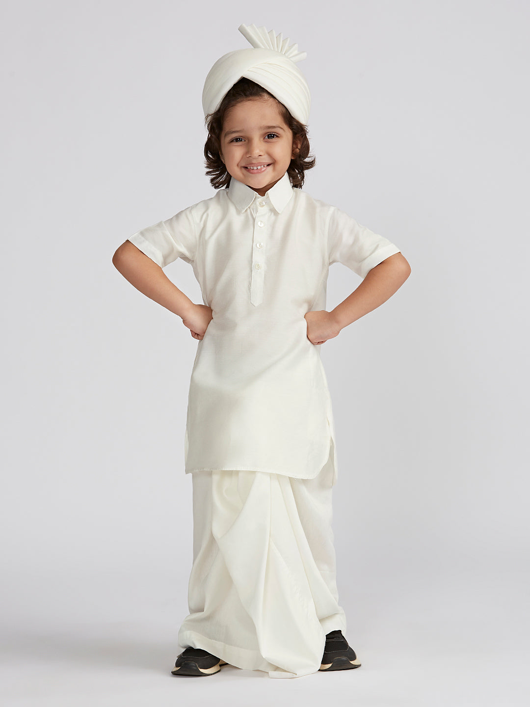 Boys'  White Viscose Kurta Lungi And Safa set - qivii