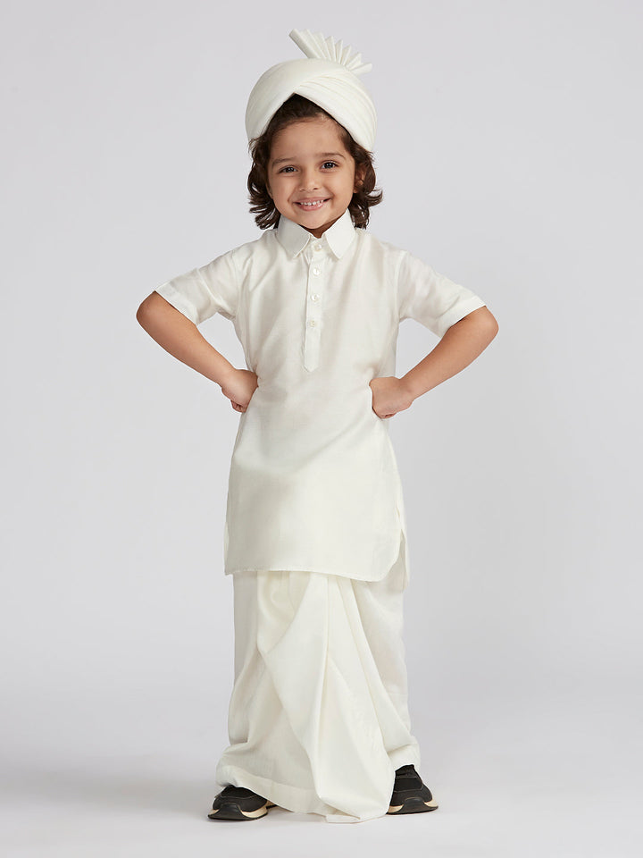 Boys'  White Viscose Kurta Lungi And Safa set - qivii