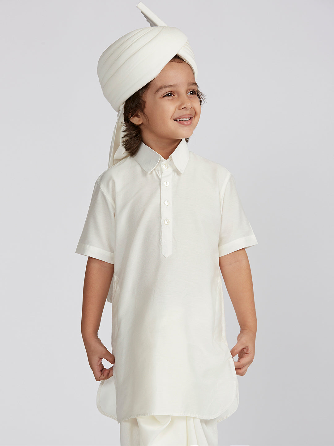 Boys'  White Viscose Kurta Lungi And Safa set - qivii