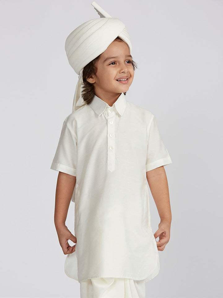 Boys'  White Viscose Kurta Lungi And Safa set - qivii