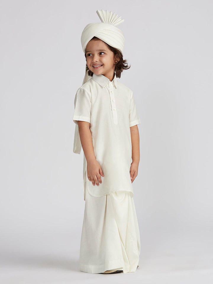 Boys'  White Viscose Kurta Lungi And Safa set - qivii