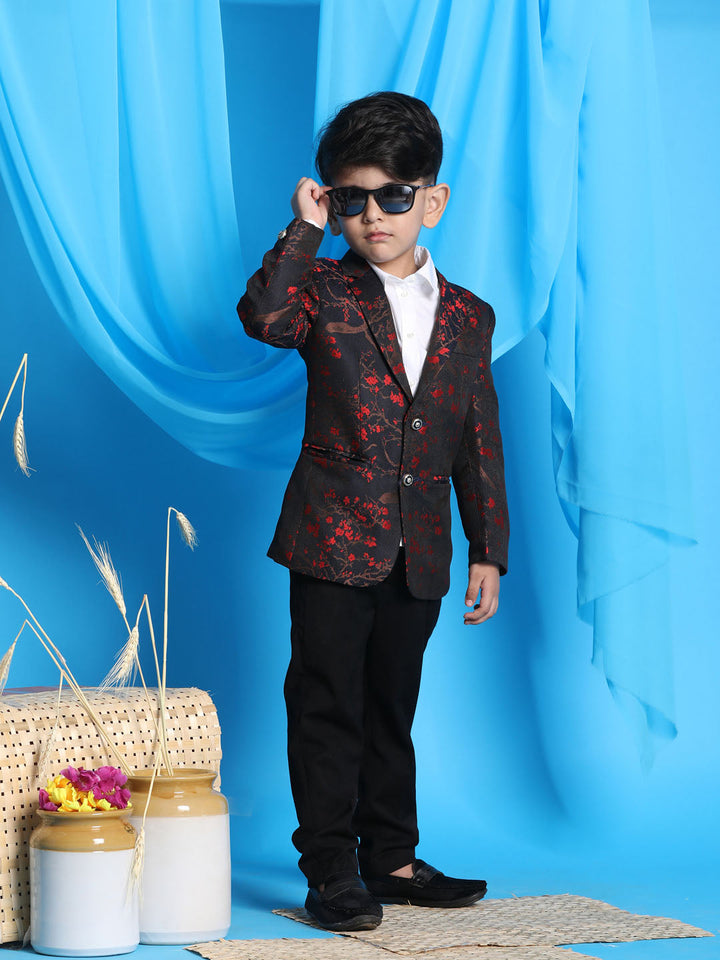VASTRAMAY Boy's Black And Red Woven Design Blazer - qivii