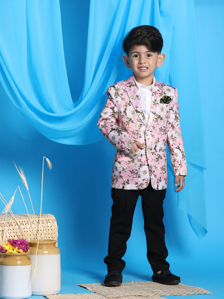 VASTRAMAY Boy's Pink Floral Printed Blazer - qivii
