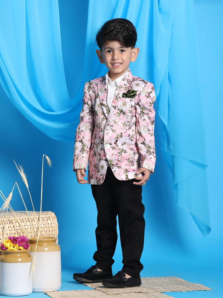 VASTRAMAY Boy's Pink Floral Printed Blazer - qivii