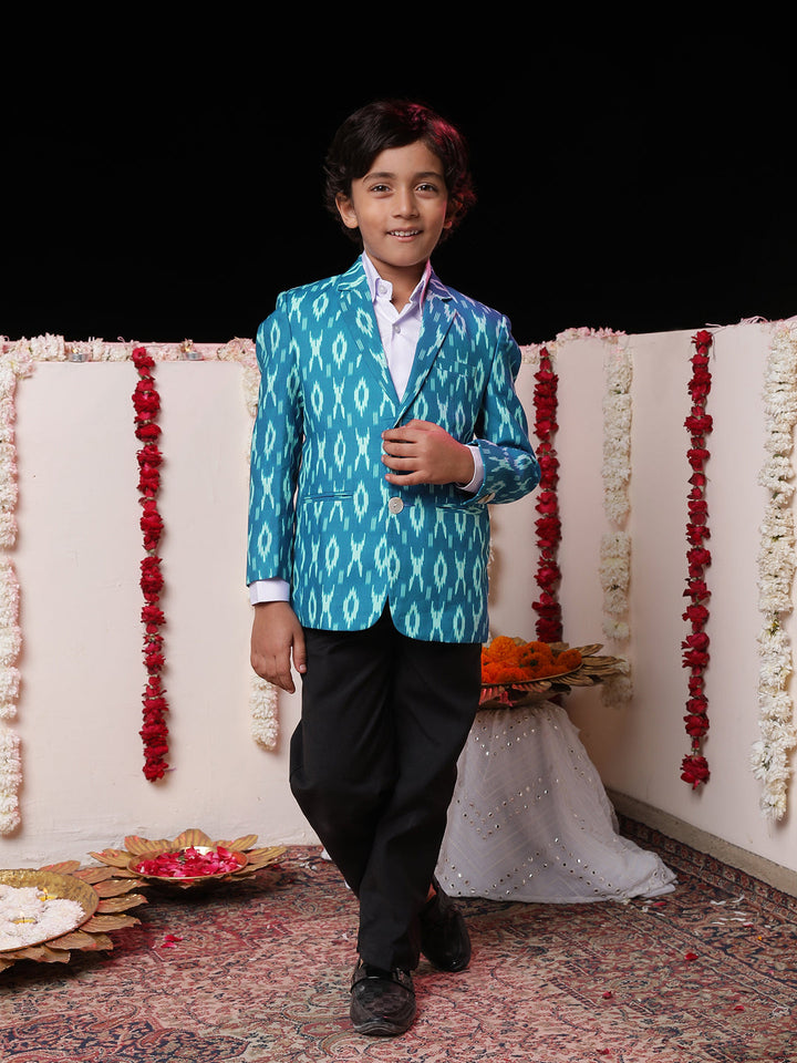 VASTRAMAY Boy's Aqua Ikkat Print Blazer - qivii