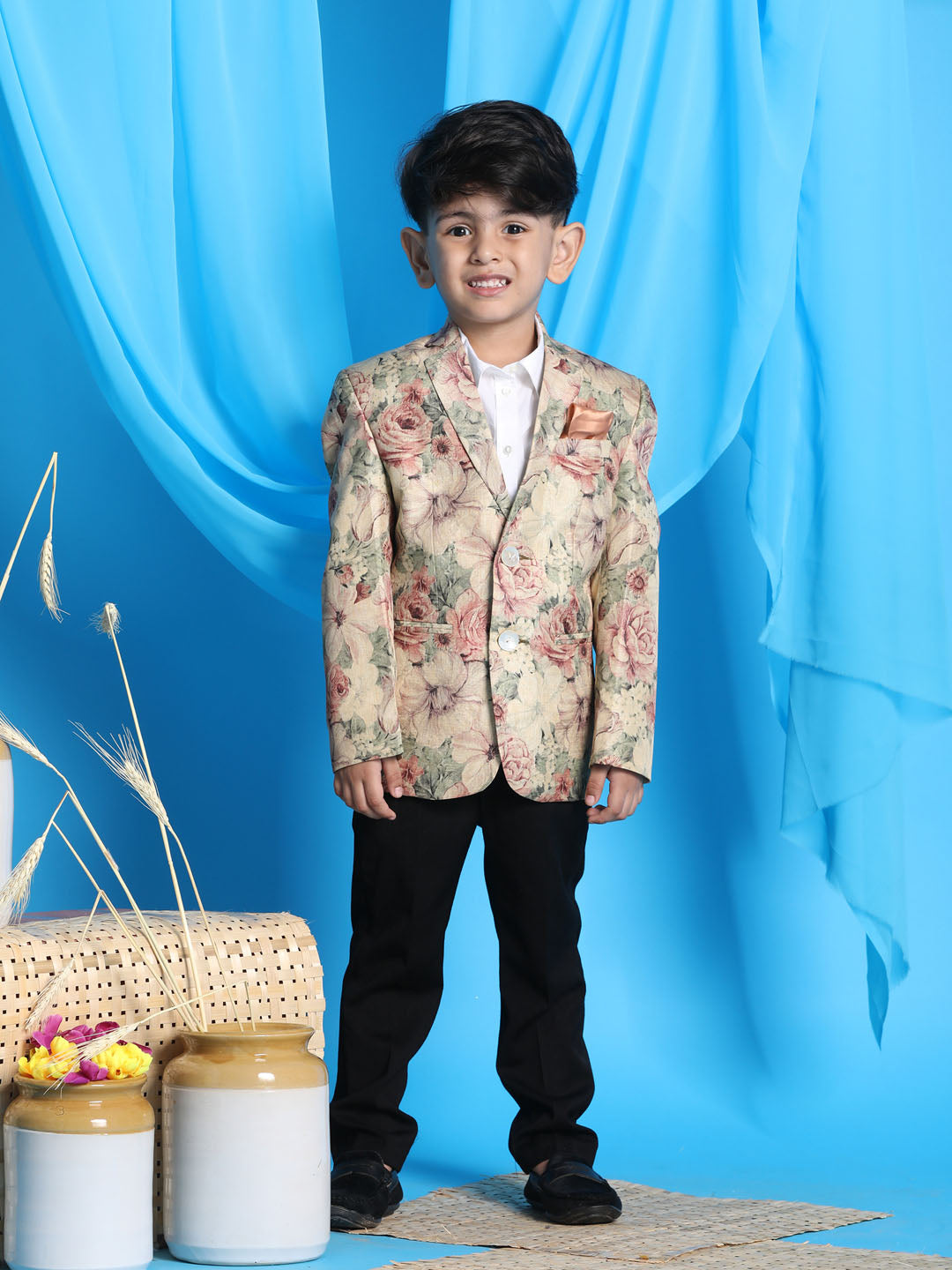 VASTRAMAY Boy's Beige Silk Blend Floral Print Blazer - qivii