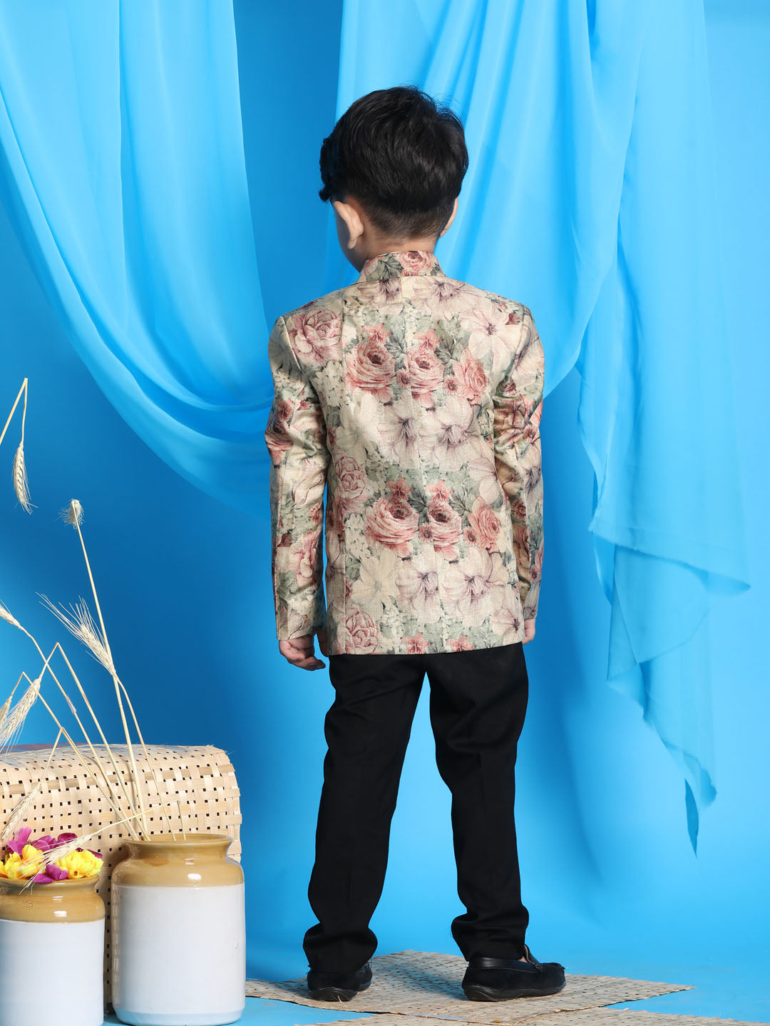 VASTRAMAY Boy's Beige Silk Blend Floral Print Blazer - qivii