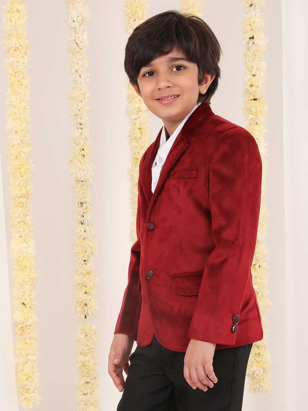 VASTRAMAY Boy's Maroon Velvet Blazer - qivii