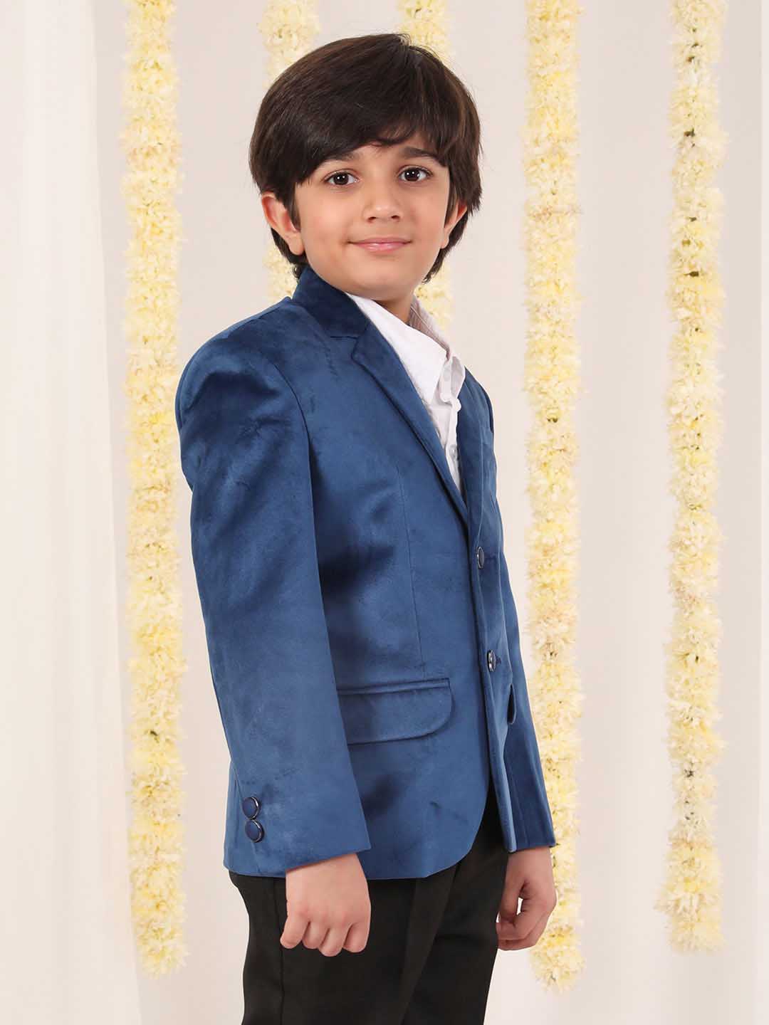 VASTRAMAY Boy's Navy Blue Velvet Blazer - qivii