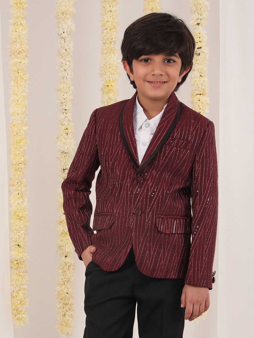VASTRAMAY Boy's Maroon Sequined Blazer - qivii