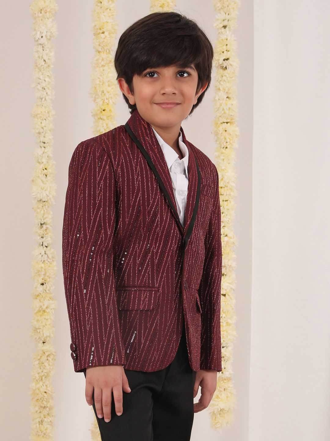 VASTRAMAY Boy's Maroon Sequined Blazer - qivii