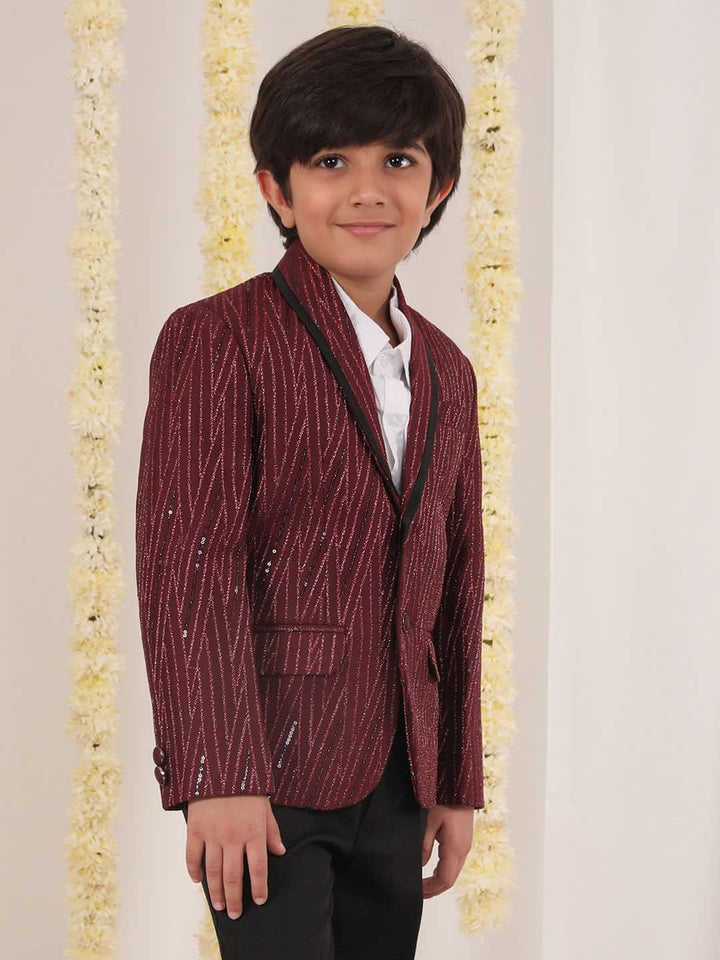 VASTRAMAY Boy's Maroon Sequined Blazer - qivii