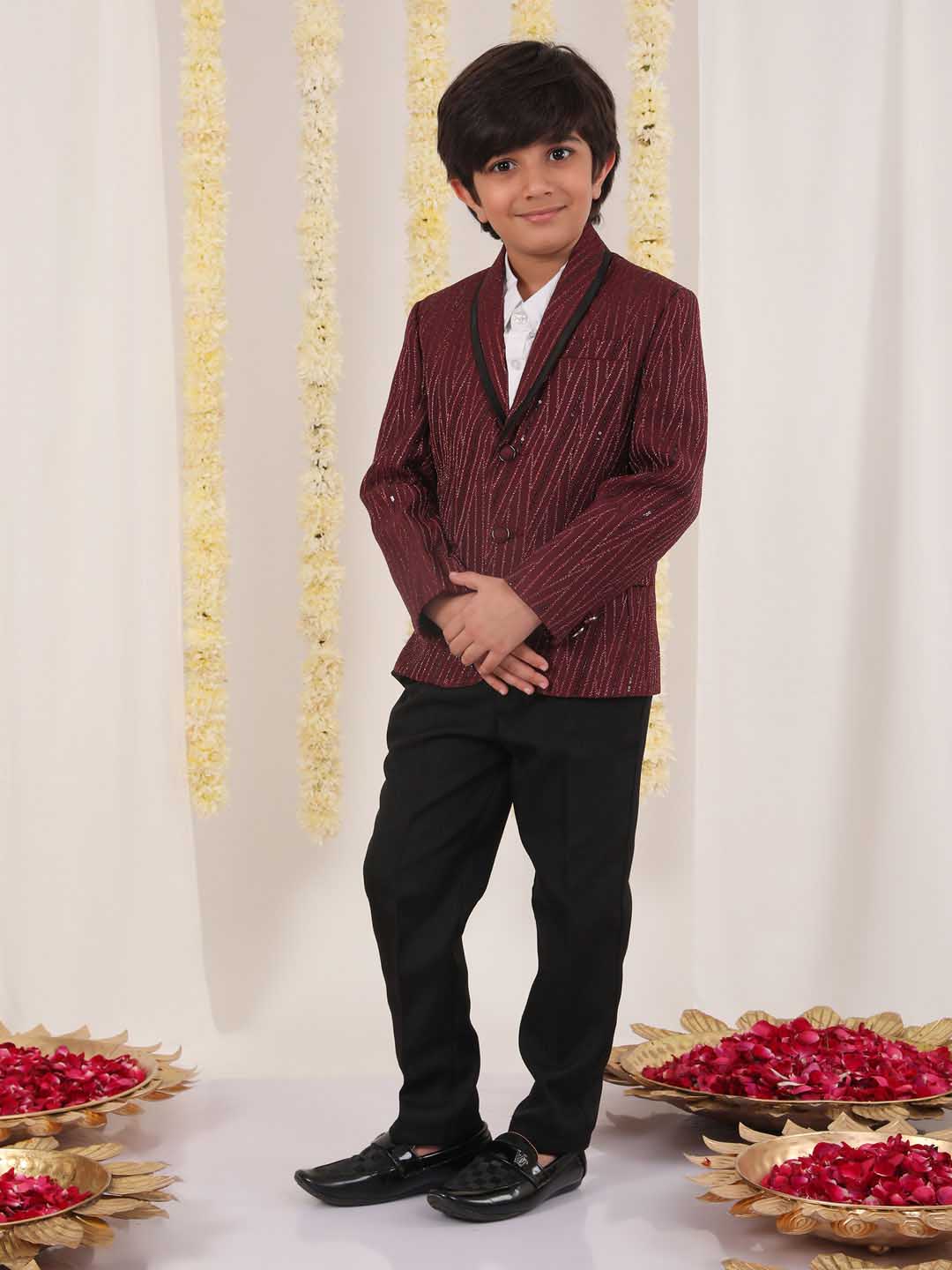 VASTRAMAY Boy's Maroon Sequined Blazer - qivii