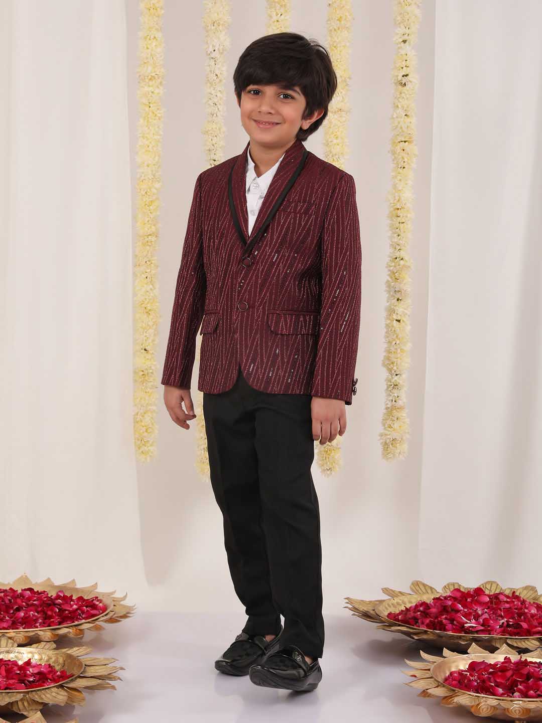 VASTRAMAY Boy's Maroon Sequined Blazer - qivii