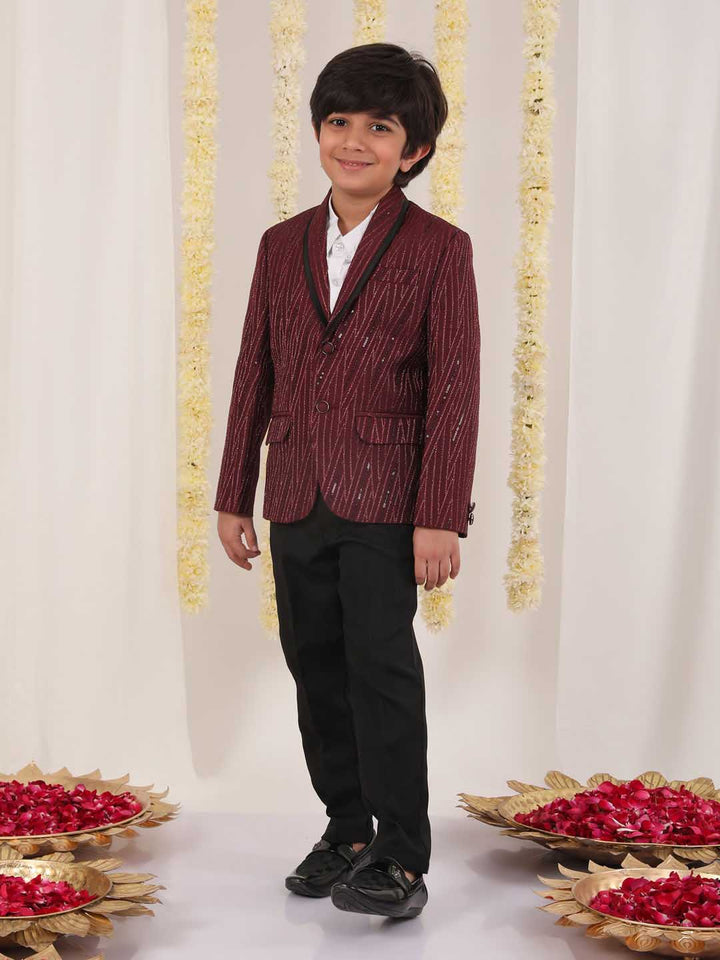 VASTRAMAY Boy's Maroon Sequined Blazer - qivii