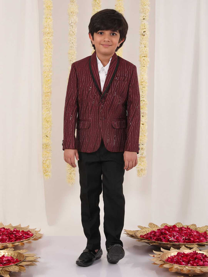 VASTRAMAY Boy's Maroon Sequined Blazer - qivii