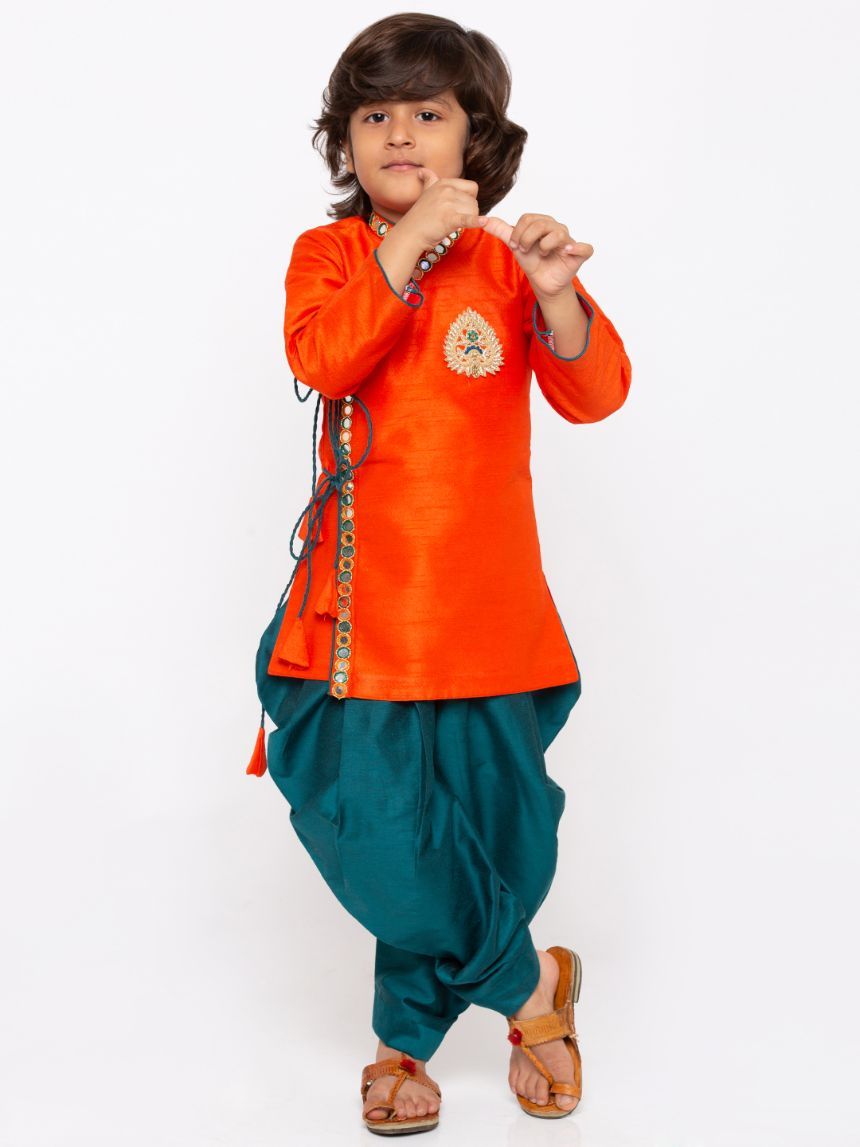 Vastramay Boys' Orange Cotton Silk Kurta and Dhoti Pant Set - qivii