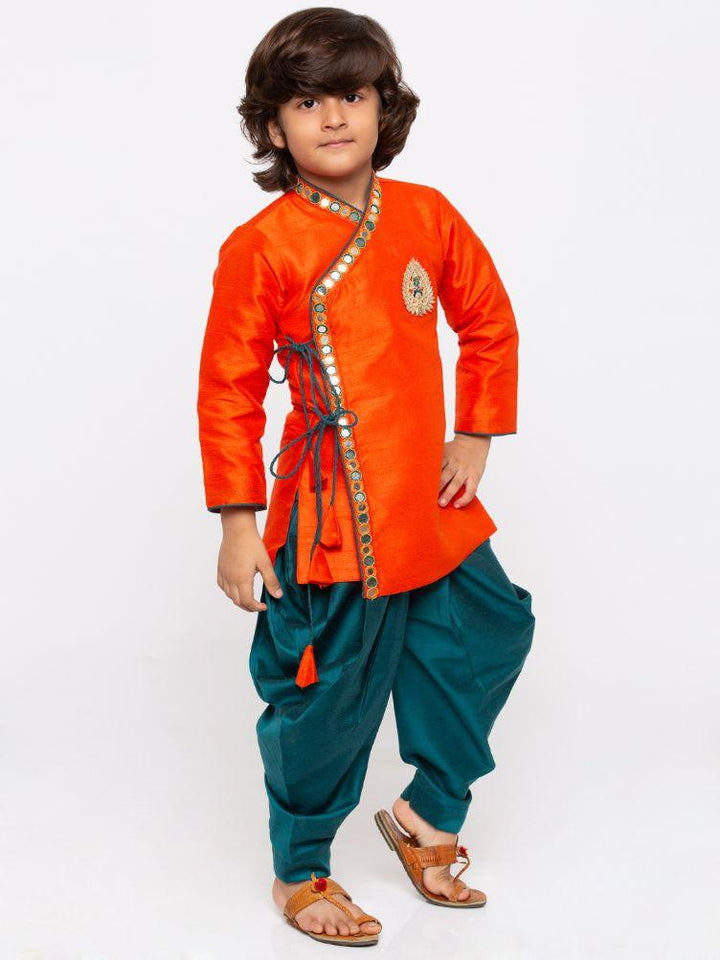 Vastramay Boys' Orange Cotton Silk Kurta and Dhoti Pant Set - qivii