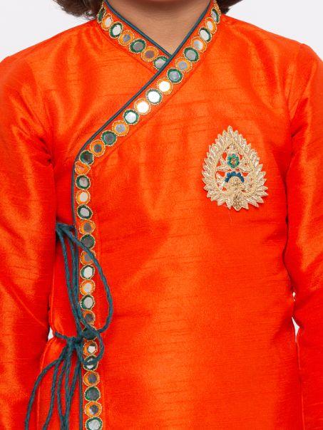 Vastramay Boys' Orange Cotton Silk Kurta and Dhoti Pant Set - qivii
