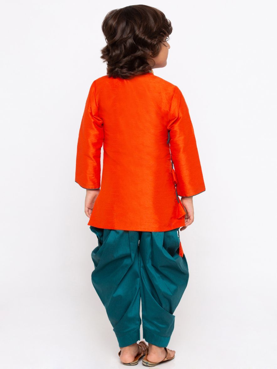 Vastramay Boys' Orange Cotton Silk Kurta and Dhoti Pant Set - qivii