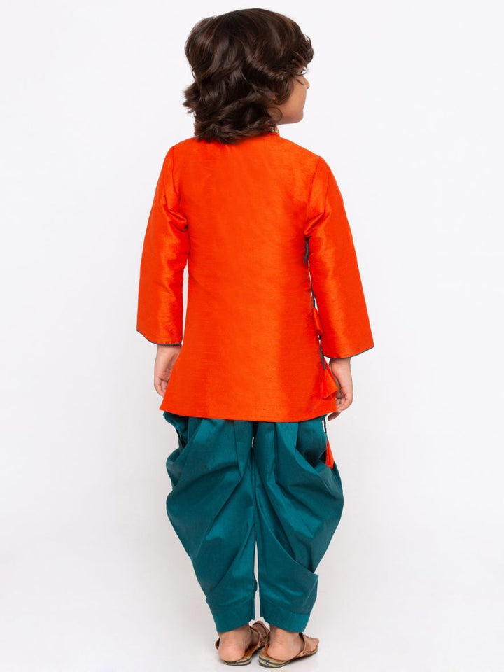 Vastramay Boys' Orange Cotton Silk Kurta and Dhoti Pant Set - qivii