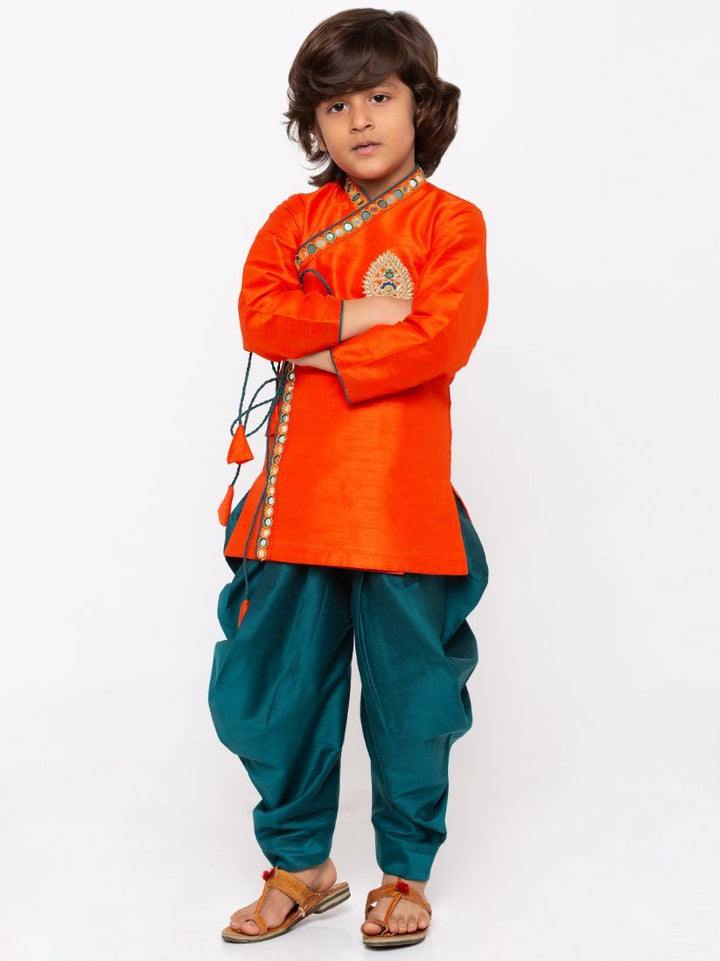 Vastramay Boys' Orange Cotton Silk Kurta and Dhoti Pant Set - qivii