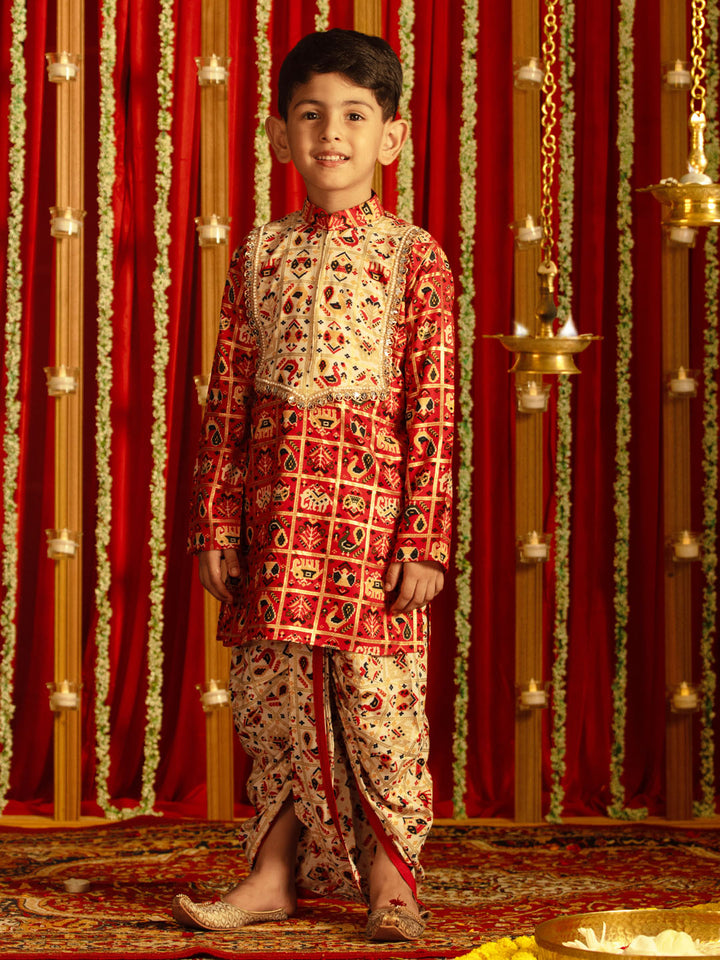 VASTRAMAY Boys' Red And Cream Patola Print Ethnic Kurta And Dhoti Set - qivii