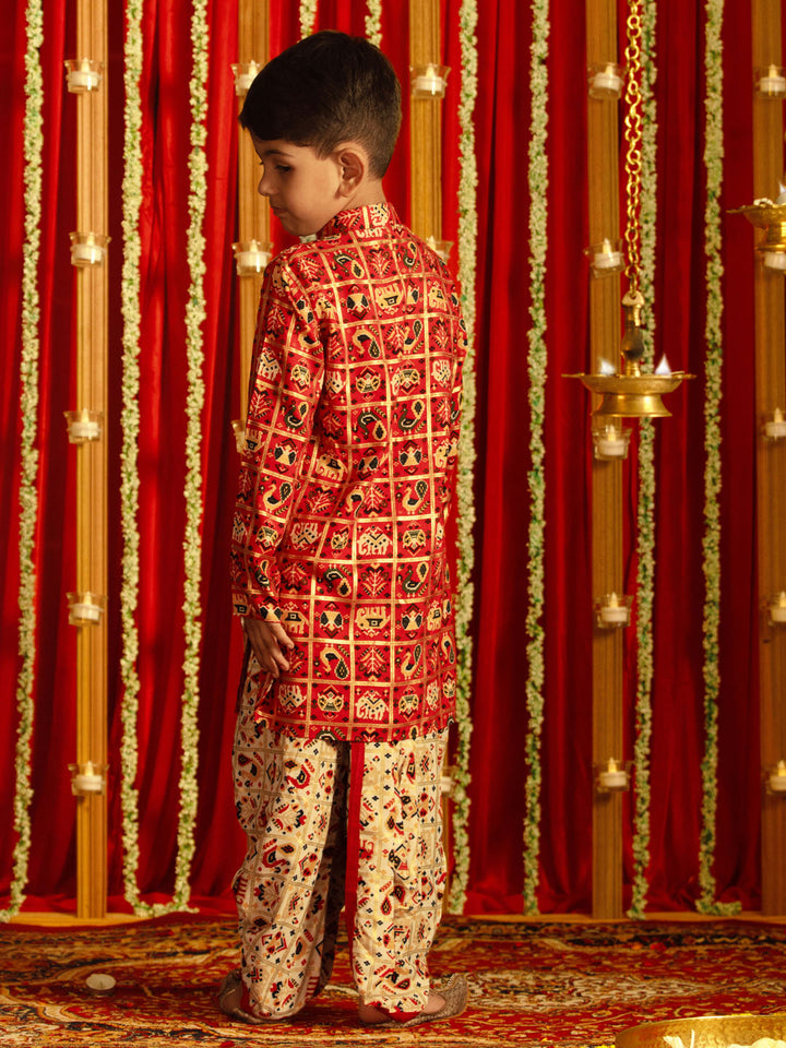 VASTRAMAY Boys' Red And Cream Patola Print Ethnic Kurta And Dhoti Set - qivii