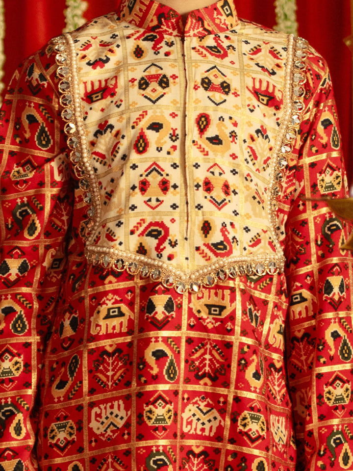 VASTRAMAY Boys' Red And Cream Patola Print Ethnic Kurta And Dhoti Set - qivii