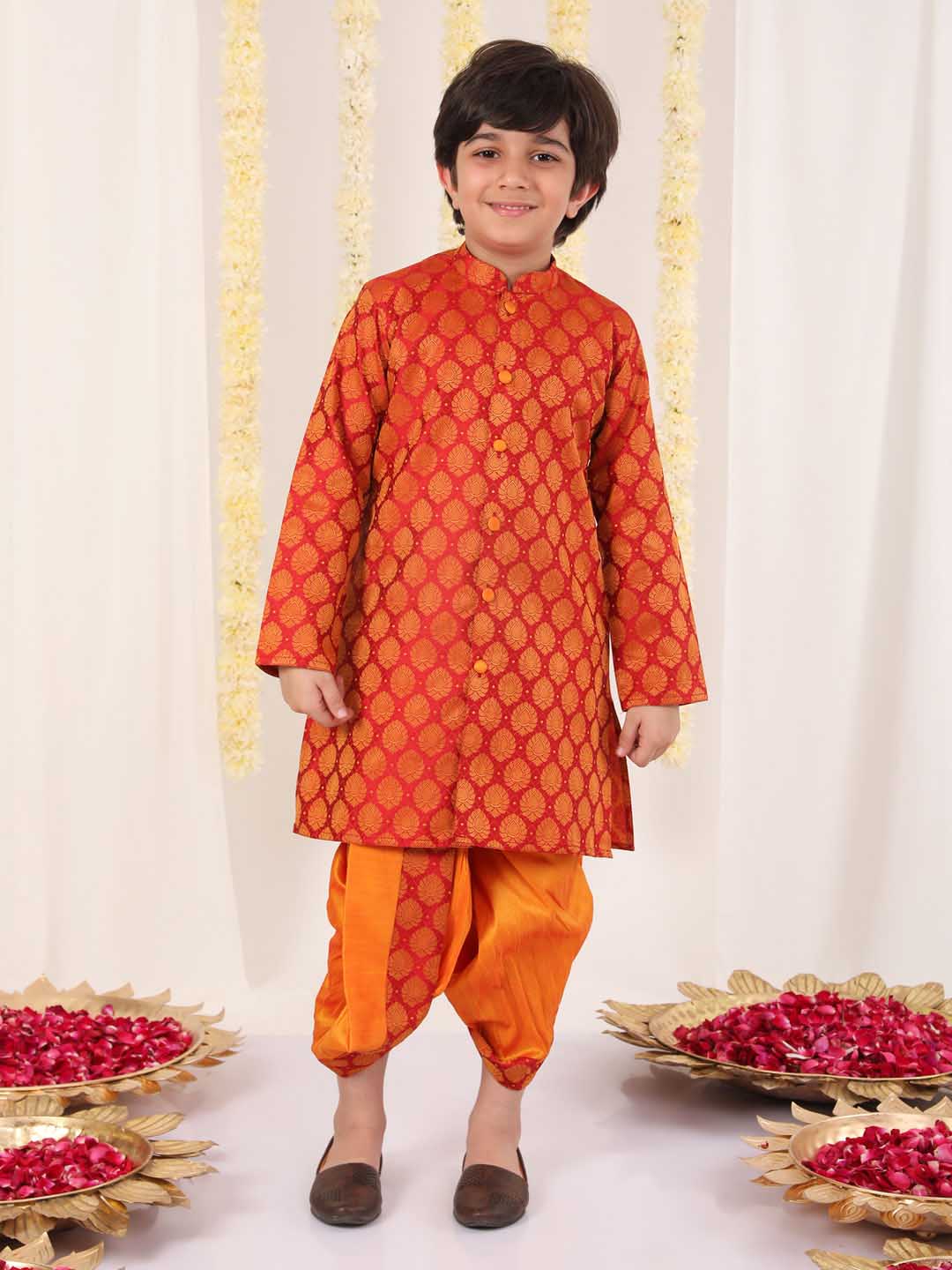 VASTRAMAY Boys' Red And Orange Kurta And Dhoti Set - qivii