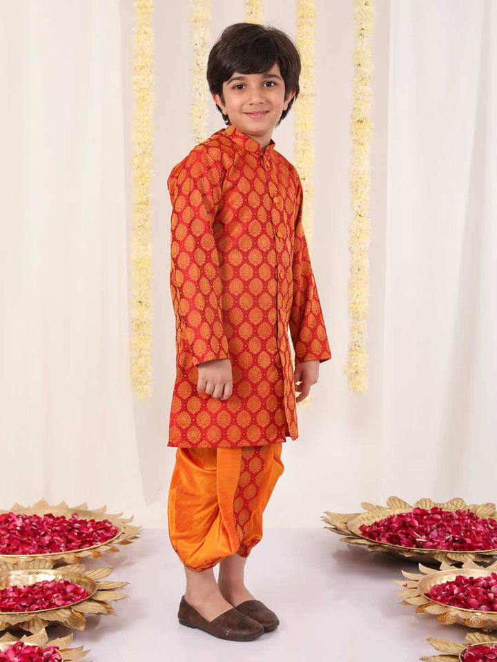VASTRAMAY Boys' Red And Orange Kurta And Dhoti Set - qivii