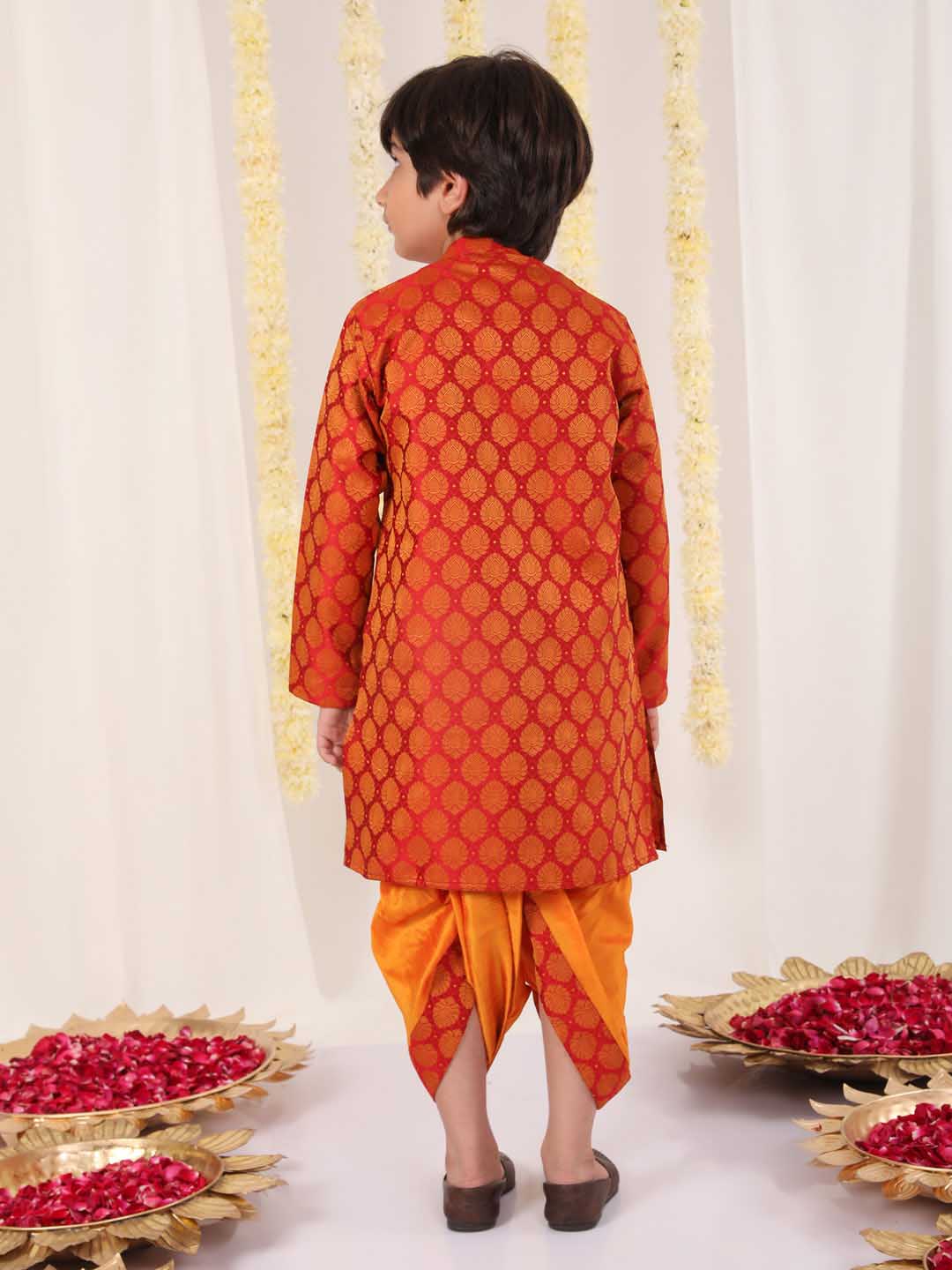 VASTRAMAY Boys' Red And Orange Kurta And Dhoti Set - qivii