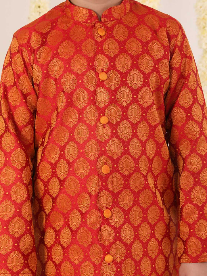 VASTRAMAY Boys' Red And Orange Kurta And Dhoti Set - qivii
