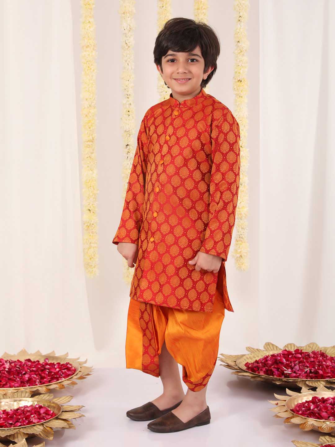 VASTRAMAY Boys' Red And Orange Kurta And Dhoti Set - qivii