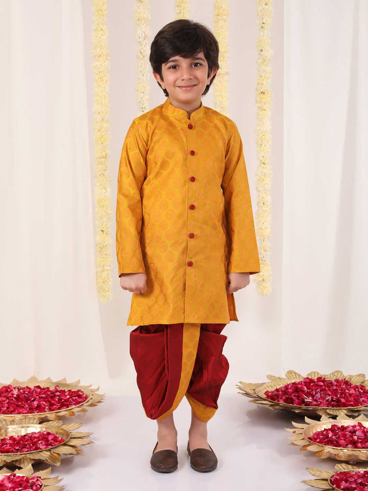 VASTRAMAY Boys' Yellow And Maroon Ethnic Jacquard Kurta Dhoti Set - qivii