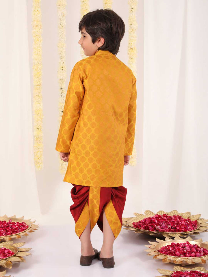 VASTRAMAY Boys' Yellow And Maroon Ethnic Jacquard Kurta Dhoti Set - qivii