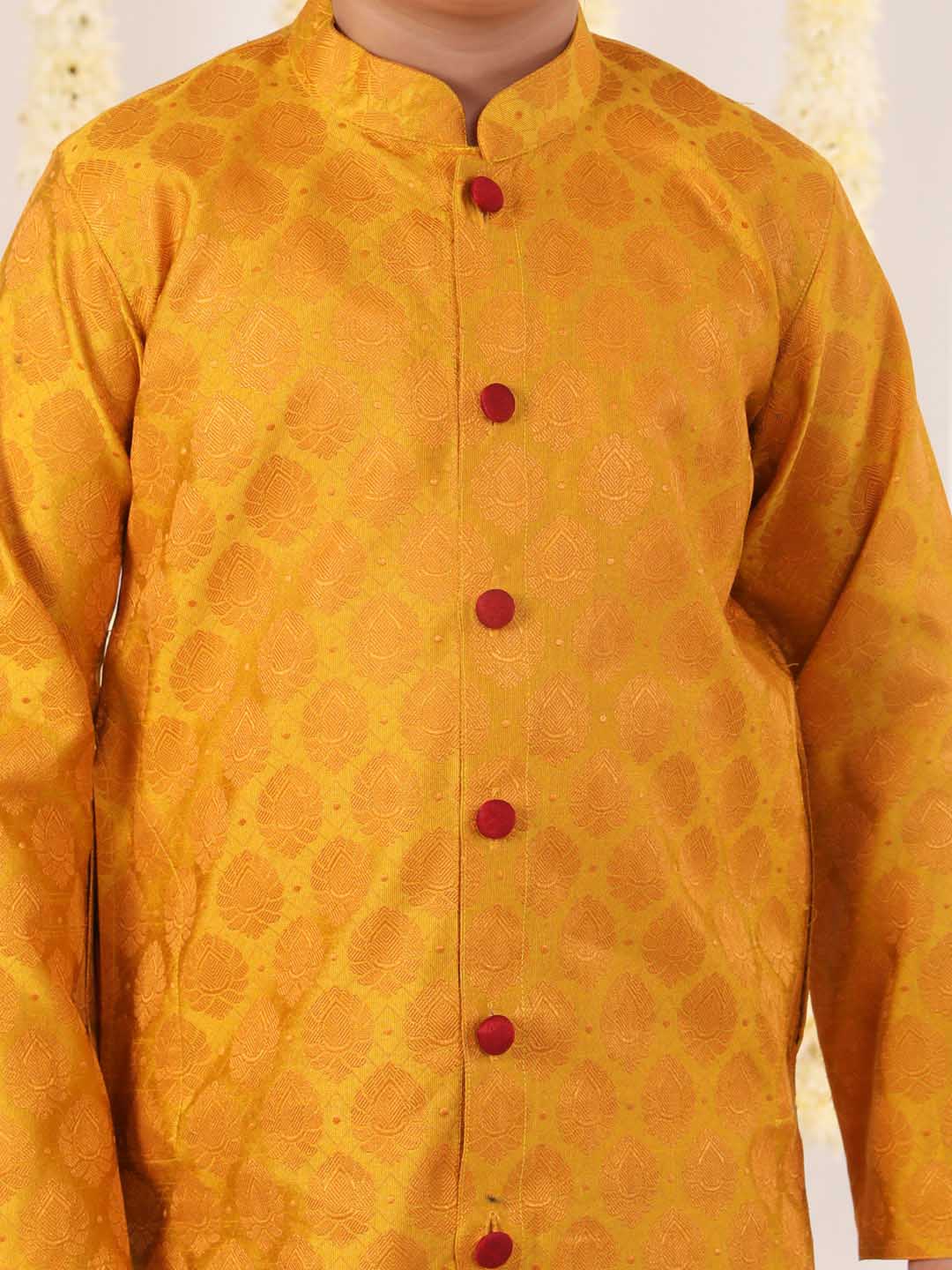 VASTRAMAY Boys' Yellow And Maroon Ethnic Jacquard Kurta Dhoti Set - qivii
