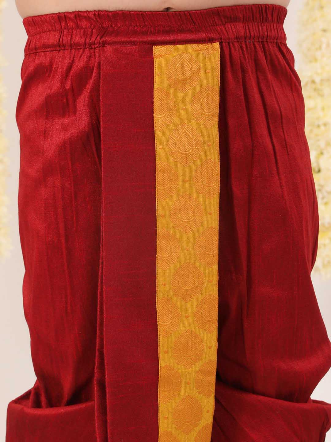 VASTRAMAY Boys' Yellow And Maroon Ethnic Jacquard Kurta Dhoti Set - qivii