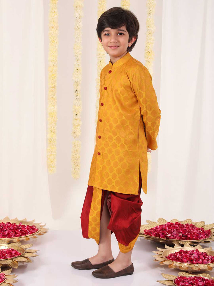 VASTRAMAY Boys' Yellow And Maroon Ethnic Jacquard Kurta Dhoti Set - qivii