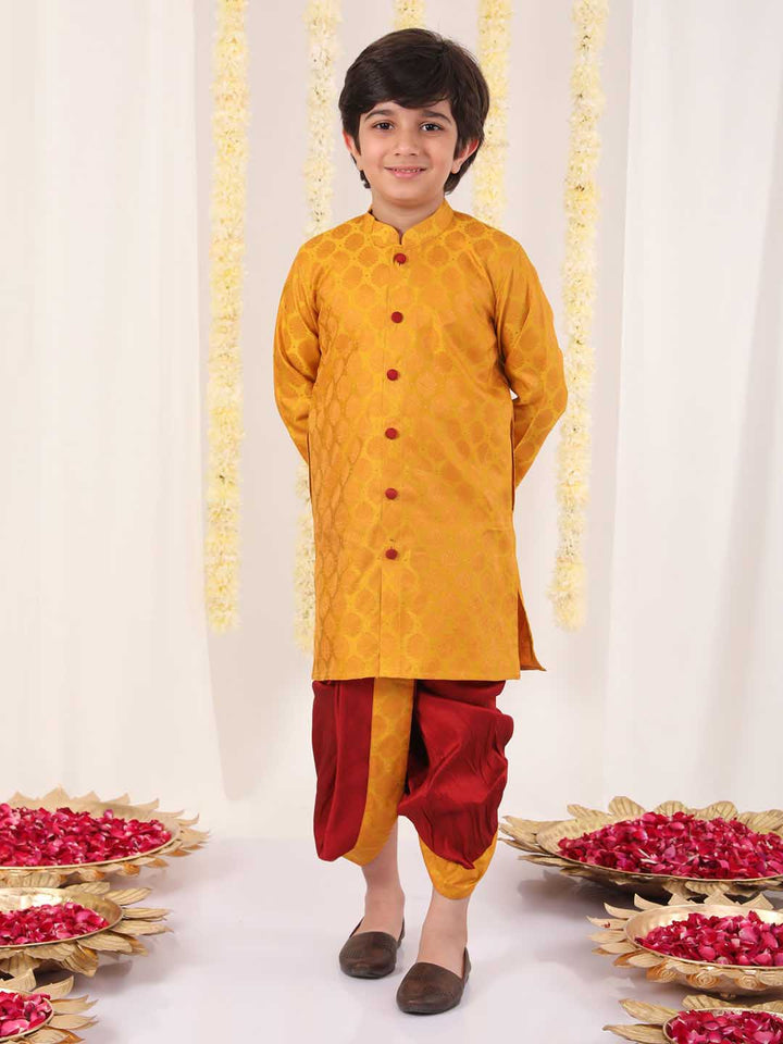 VASTRAMAY Boys' Yellow And Maroon Ethnic Jacquard Kurta Dhoti Set - qivii