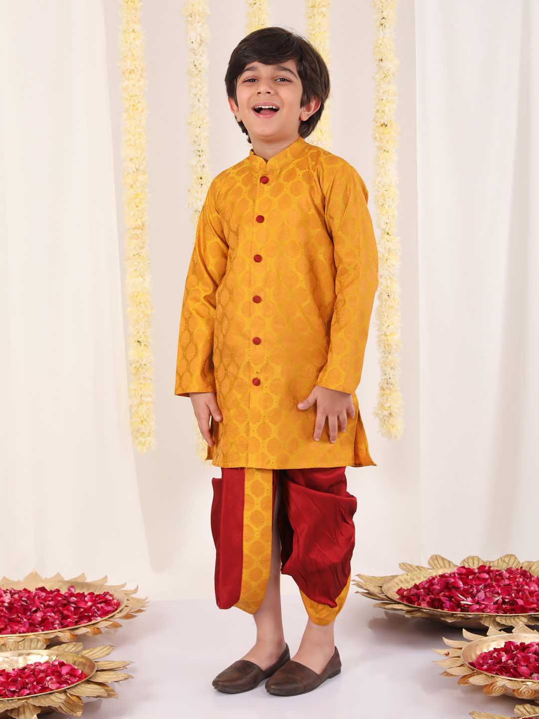 VASTRAMAY Boys' Yellow And Maroon Ethnic Jacquard Kurta Dhoti Set - qivii