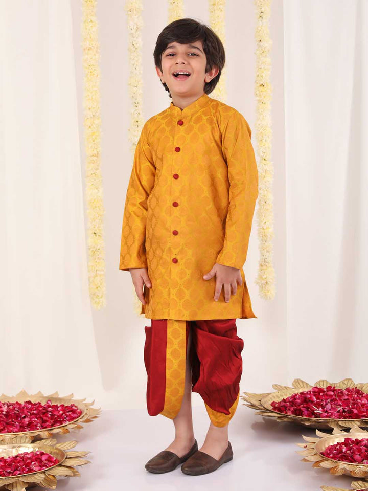 VASTRAMAY Boys' Yellow And Maroon Ethnic Jacquard Kurta Dhoti Set - qivii