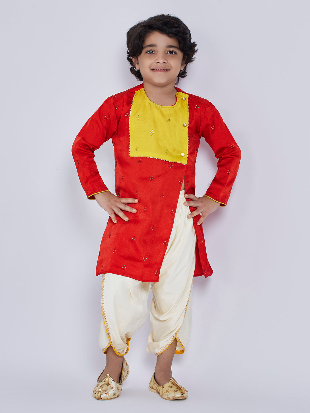 Vastramay Infant Boys' Red And Cream Silk Blend Kurta and Dhoti Set - qivii