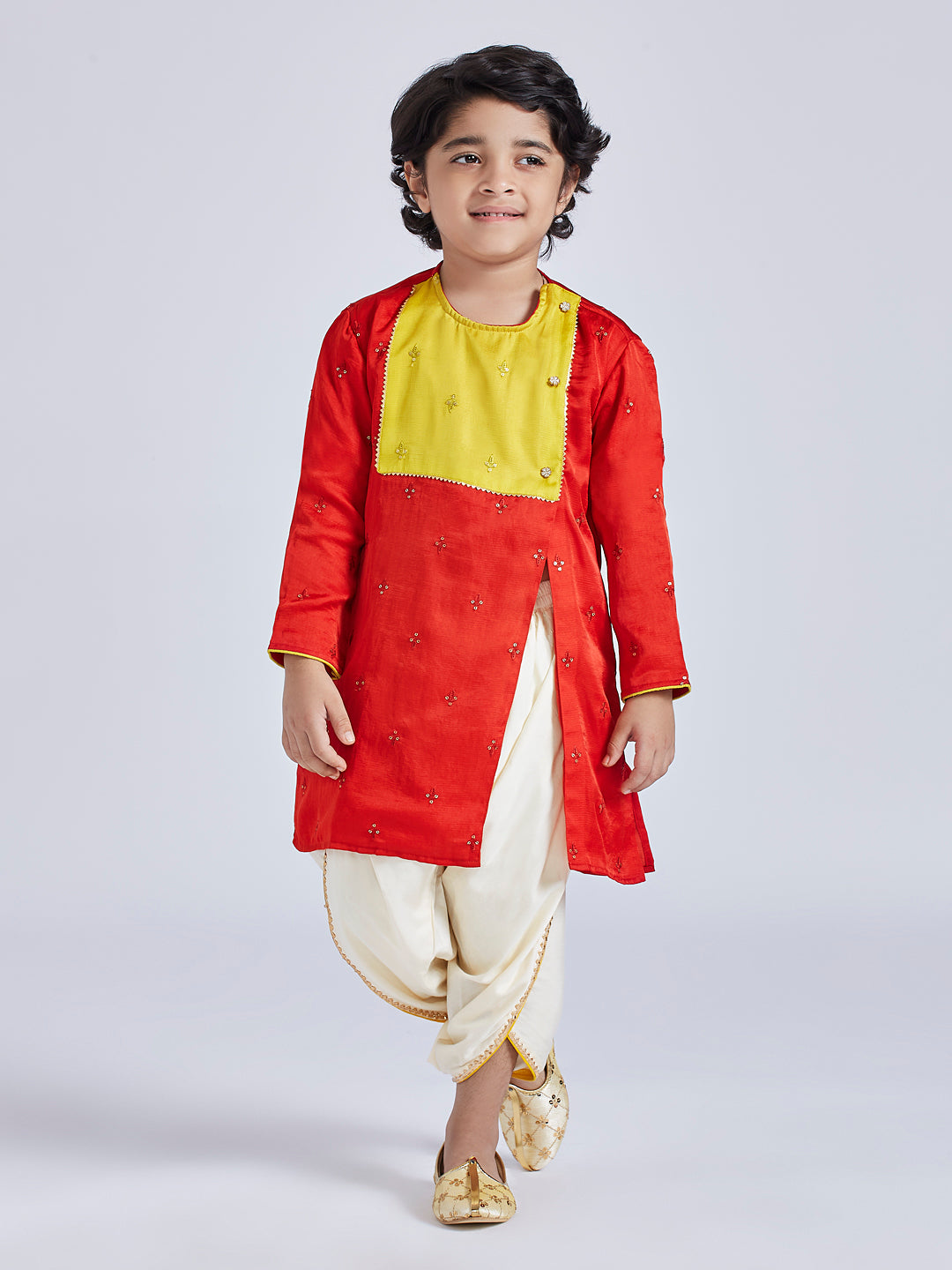 Vastramay Infant Boys' Red And Cream Silk Blend Kurta and Dhoti Set - qivii
