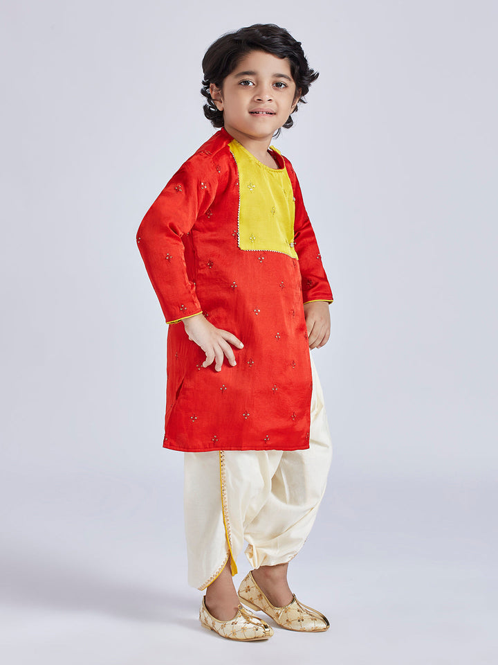 Vastramay Infant Boys' Red And Cream Silk Blend Kurta and Dhoti Set - qivii