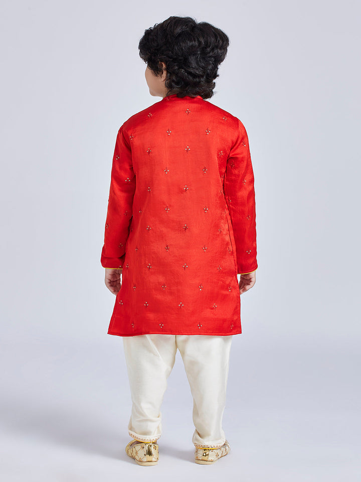 Vastramay Infant Boys' Red And Cream Silk Blend Kurta and Dhoti Set - qivii