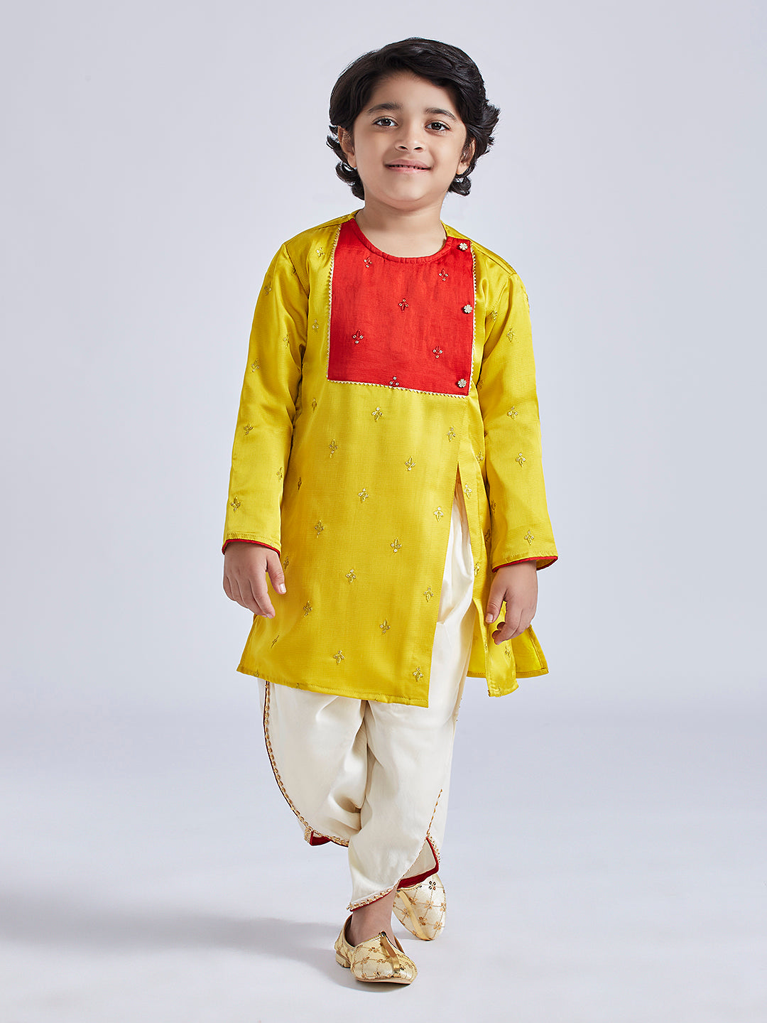 Vastramay Infant Boys' Yellow And Cream Silk Blend Kurta and Dhoti Set - qivii