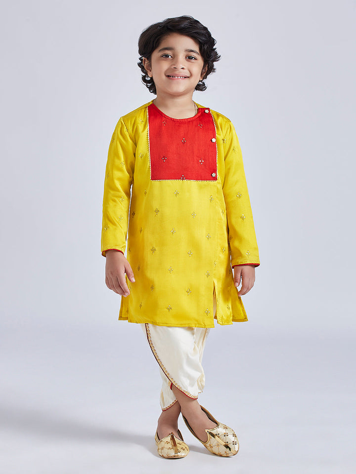 Vastramay Infant Boys' Yellow And Cream Silk Blend Kurta and Dhoti Set - qivii