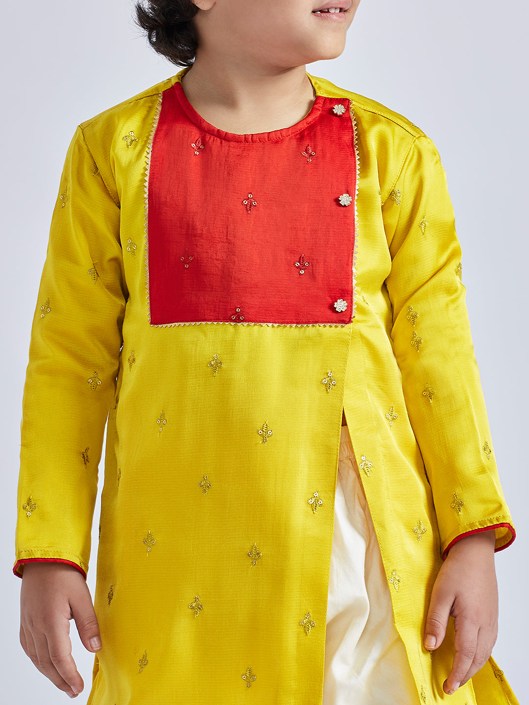 Vastramay Infant Boys' Yellow And Cream Silk Blend Kurta and Dhoti Set - qivii