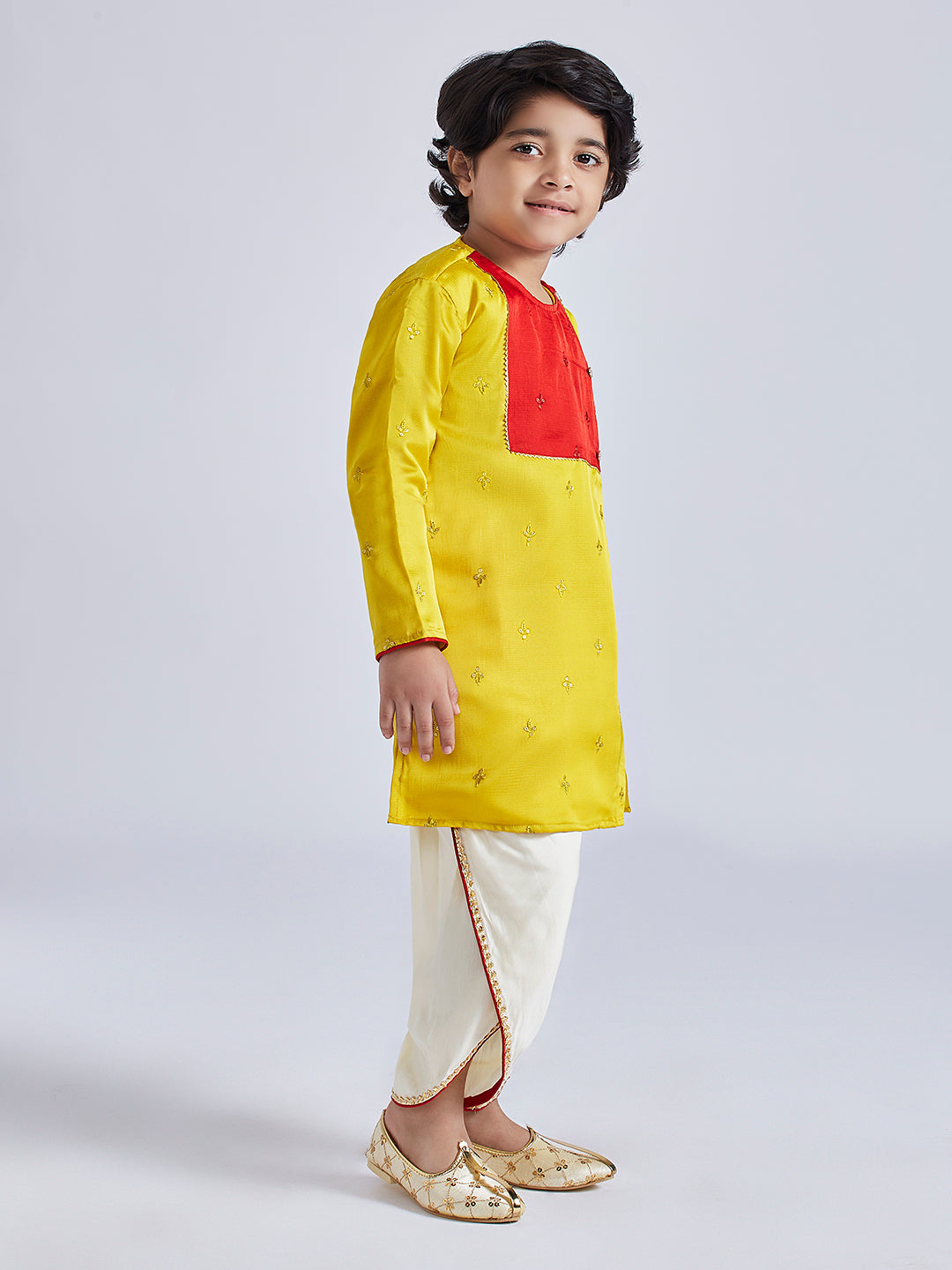 Vastramay Infant Boys' Yellow And Cream Silk Blend Kurta and Dhoti Set - qivii
